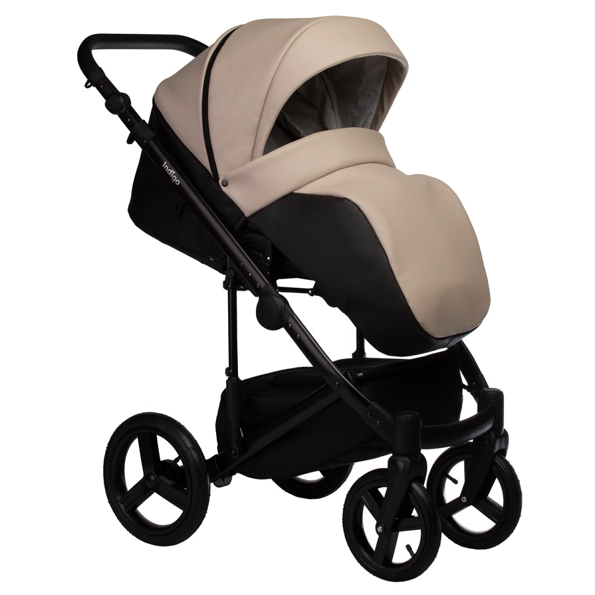 Коляска 2 в 1 Indigo Tour Eco, Te 01 (Черная кожа + Бежевая кожа)