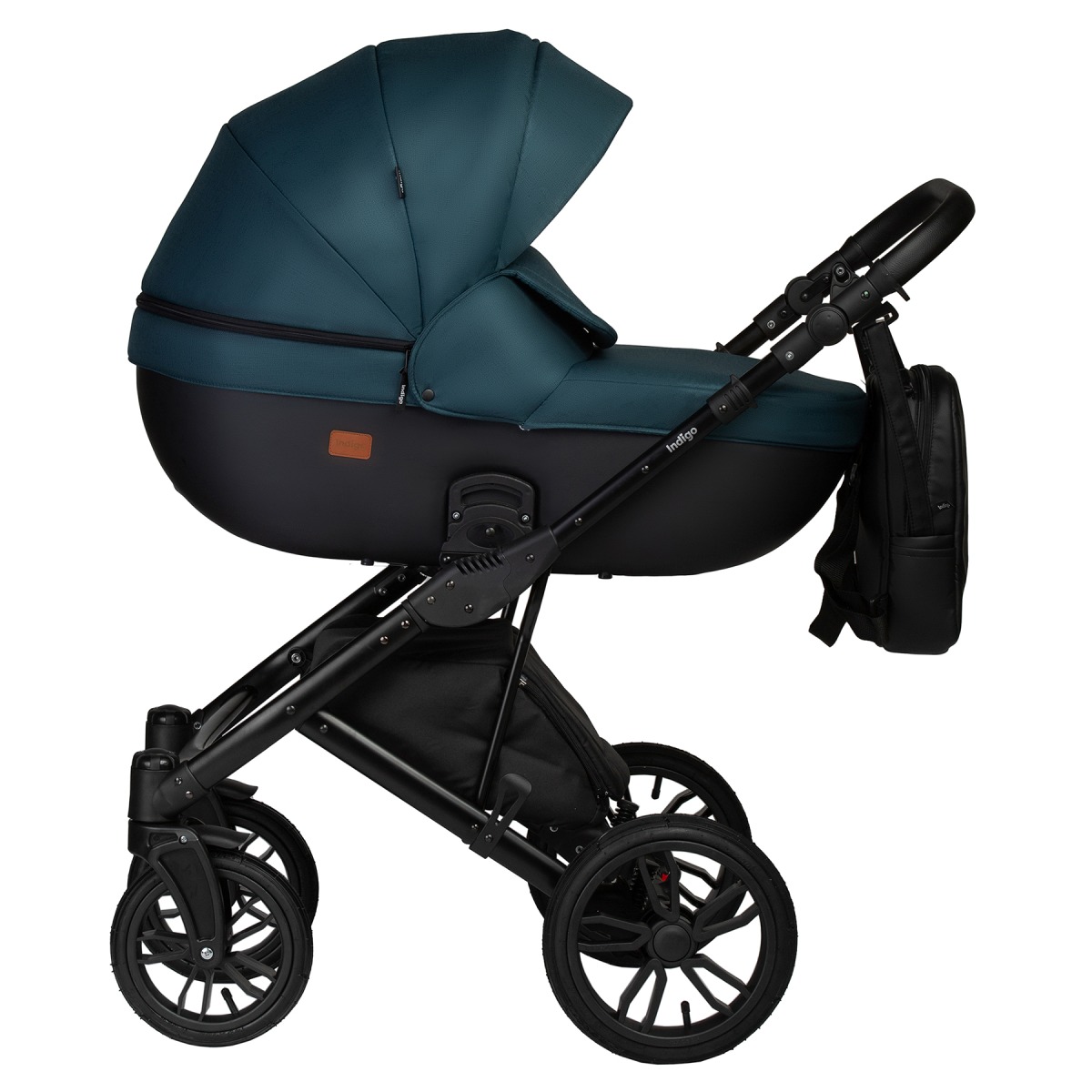 Коляска 2 в 1 Indigo Mio S, 06 (Черная кожа + Изумрудный)