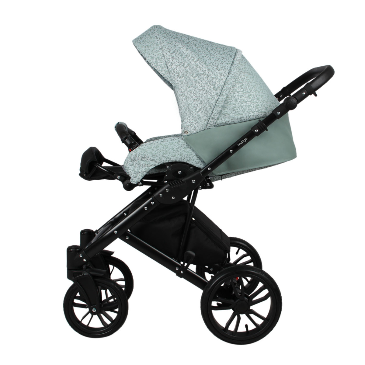 Коляска 2 в 1 Indigo MIO - Mi 06 (шалфей кожа+зеленый узор)
