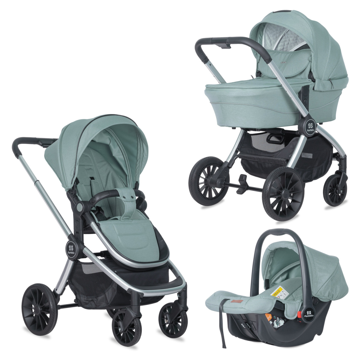Коляска модульная 3 в 1 Farfello Baby shell BBS (BBS-33 green/зеленый/ серебро)